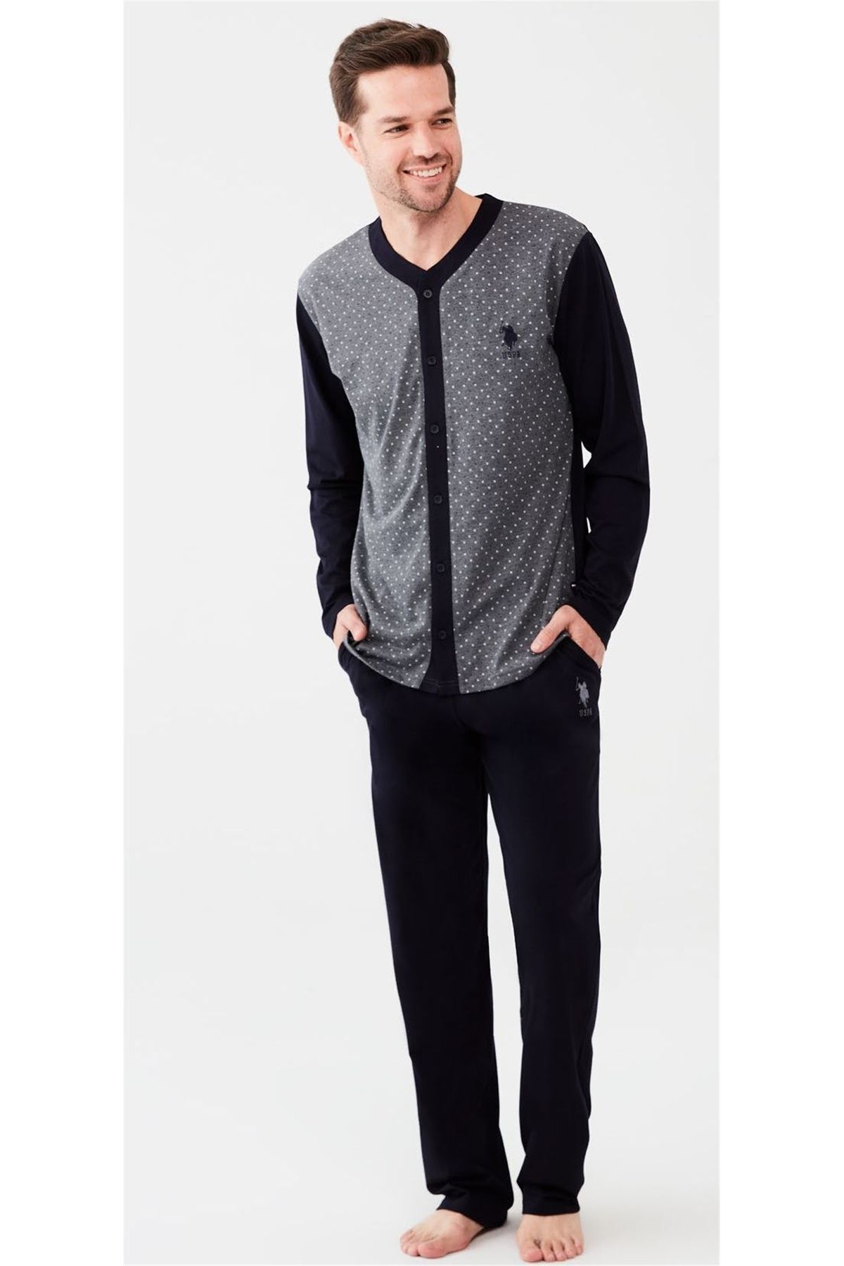 ست پیژامه خاکستری مردانه لباس خواب تمام قد آنتراسیت ملانژ U.S. Polo Assn.