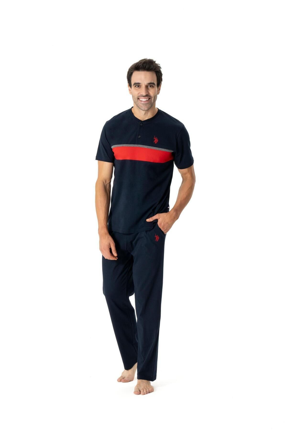 یو اس پولو - ست لباس خواب دکمه‌دار مردانه سرمه‌ای
