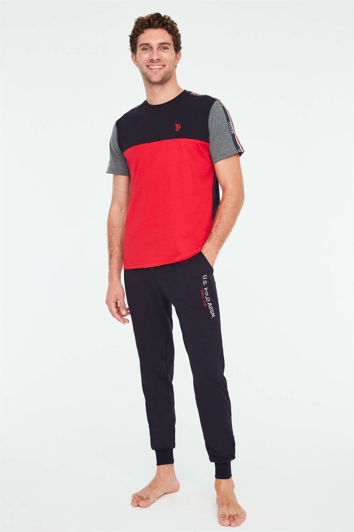 ست پیژامه قرمز مردانه لباس خواب یقه گرد U.S. Polo Assn.