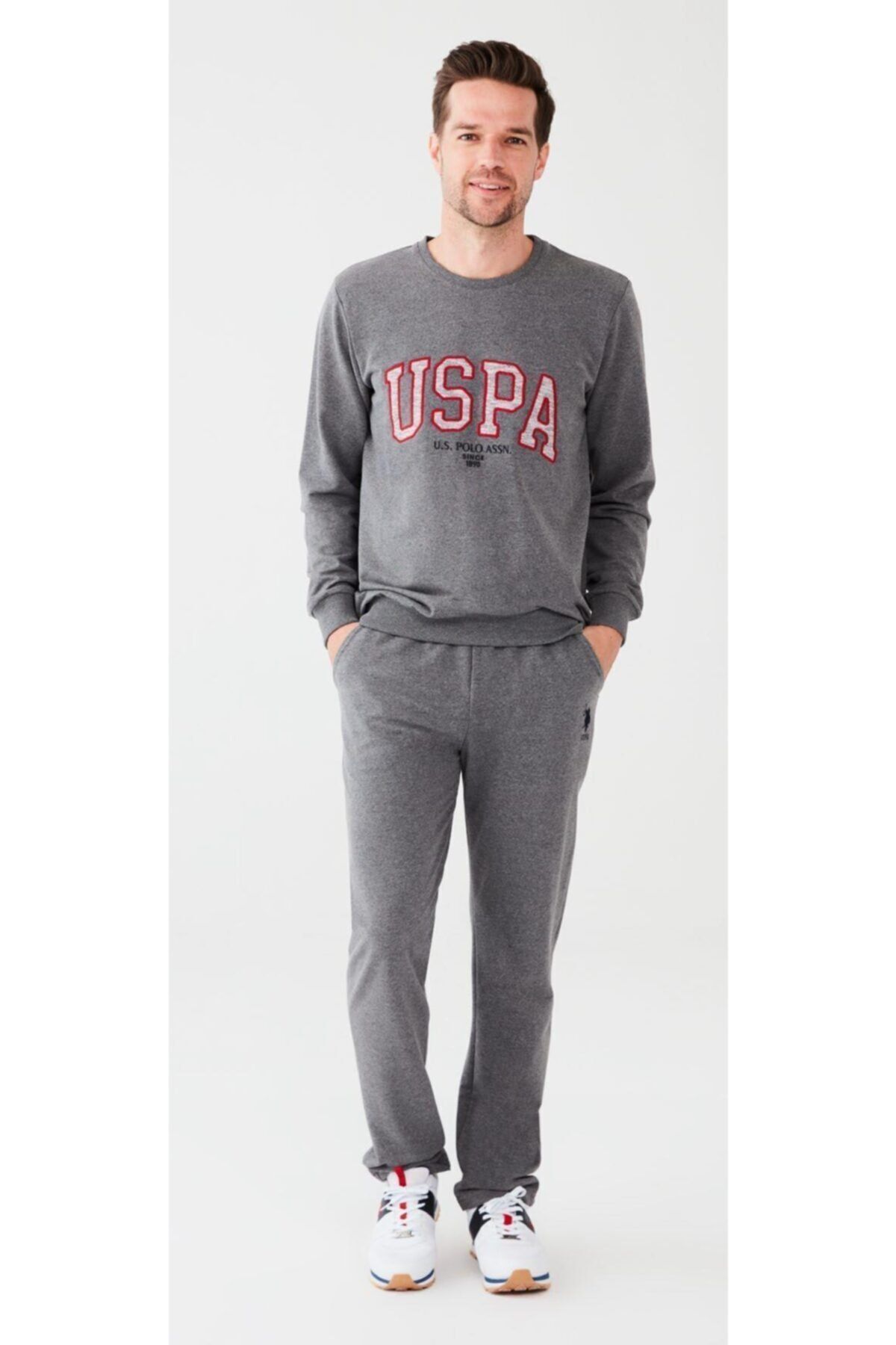 ست پیژامه خاکستری مردانه لباس خواب یقه گرد آنتراسیت ملانژ U.S. Polo Assn.