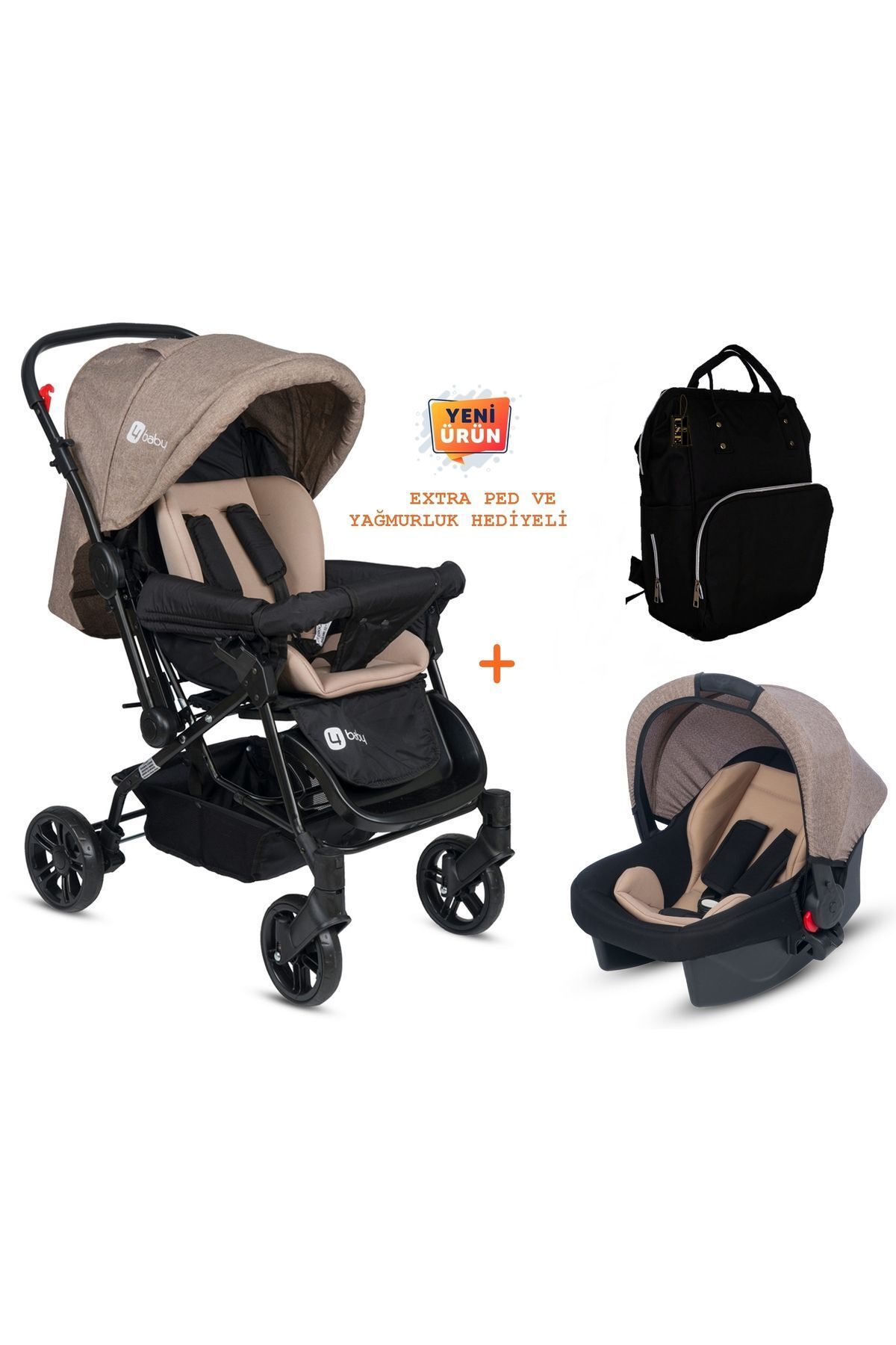 Двусторонняя детская коляска 4 Baby Travel System - Детская коляска коричневого цвета + коляска + серая сумка AB320