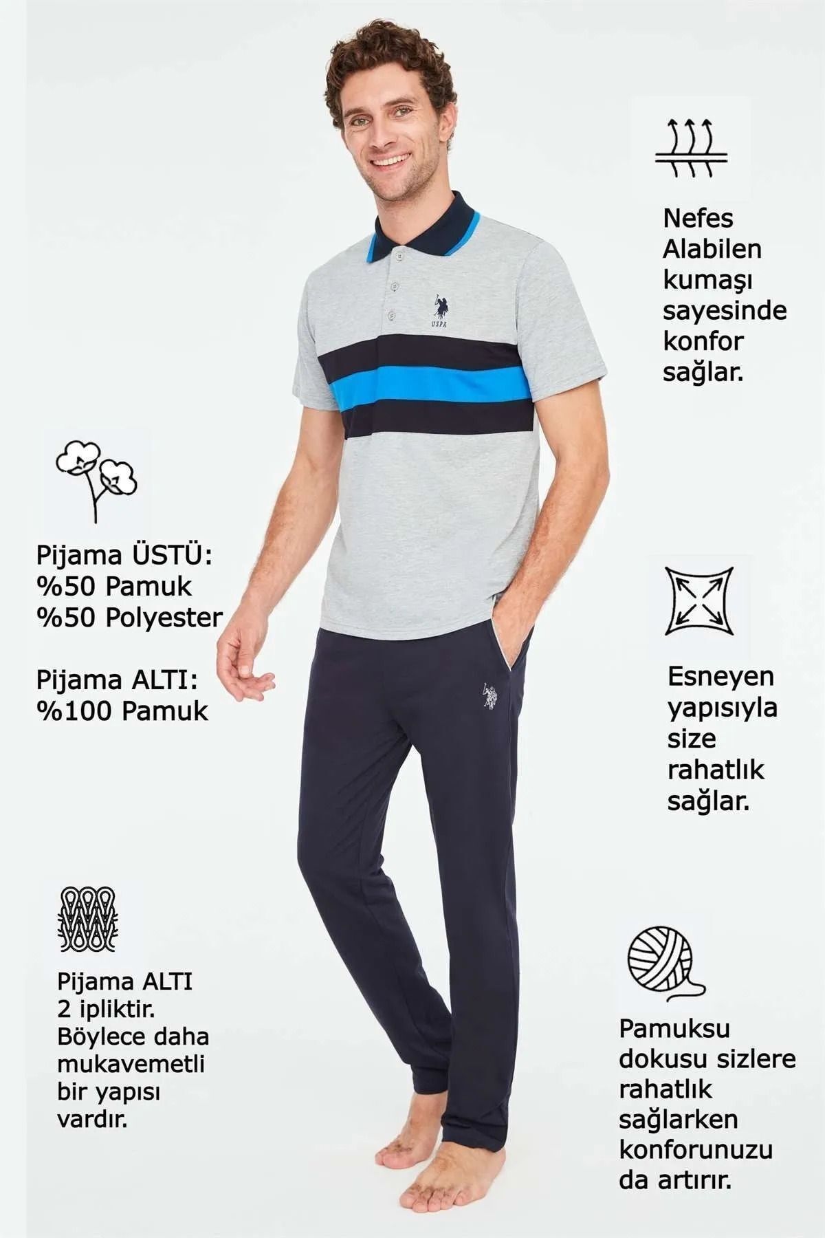ست پیژامه خاکستری مردانه لباس خواب ملانژ U.S. Polo Assn.