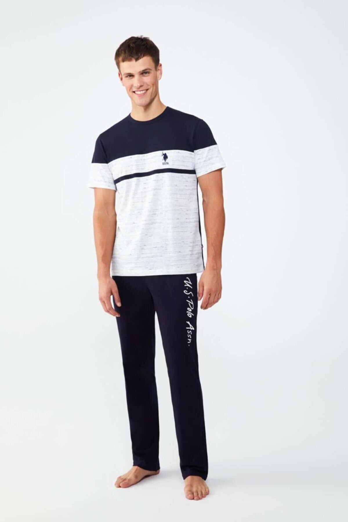 ست پیژامه آبی مردانه لباس خواب یقه گرد سرمه ای U.S. Polo Assn.