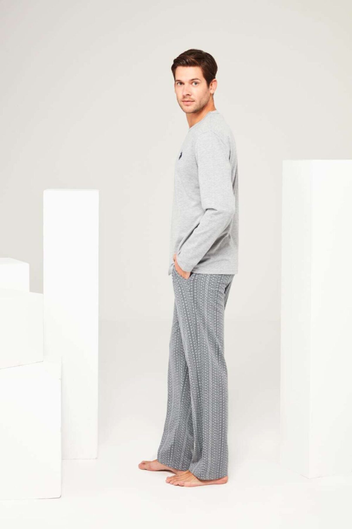 ست پیژامه خاکستری مردانه لباس خواب یقه گرد ملانژ U.S. Polo Assn.