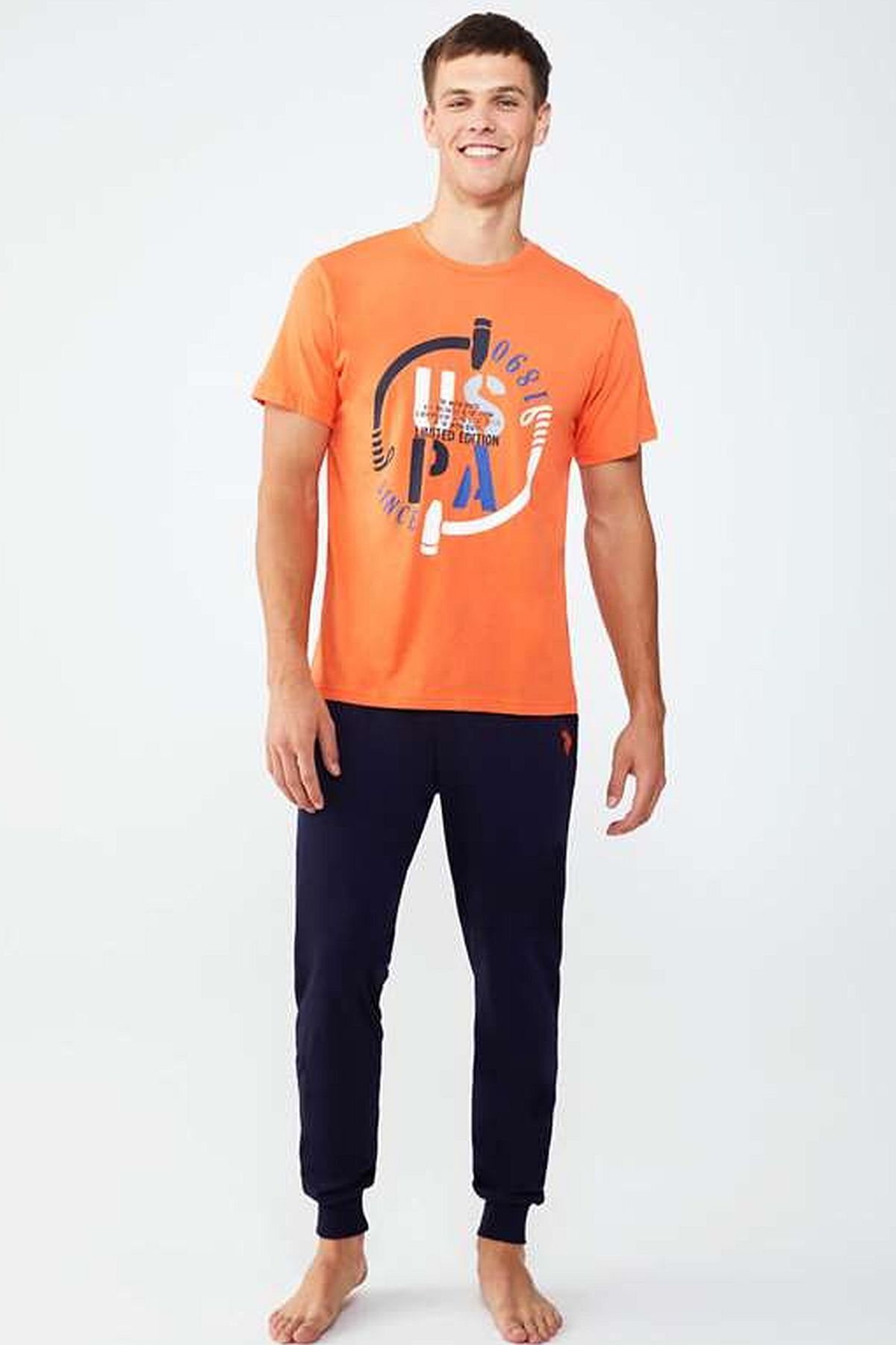 ست پیژامه نارنجی مردانه لباس خواب یقه گرد U.S. Polo Assn.