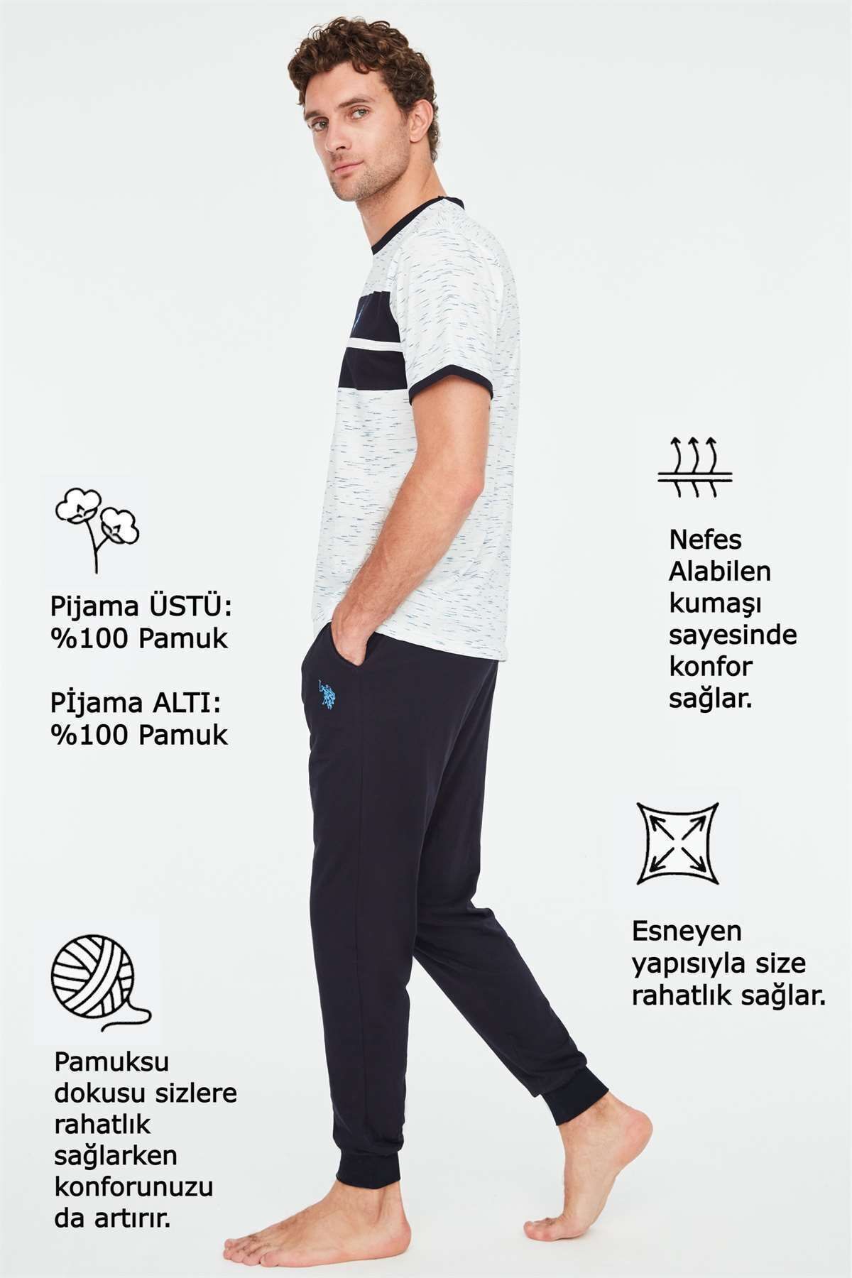 ست پیژامه آبی مردانه لباس خواب یقه گرد سرمه ای U.S. Polo Assn.