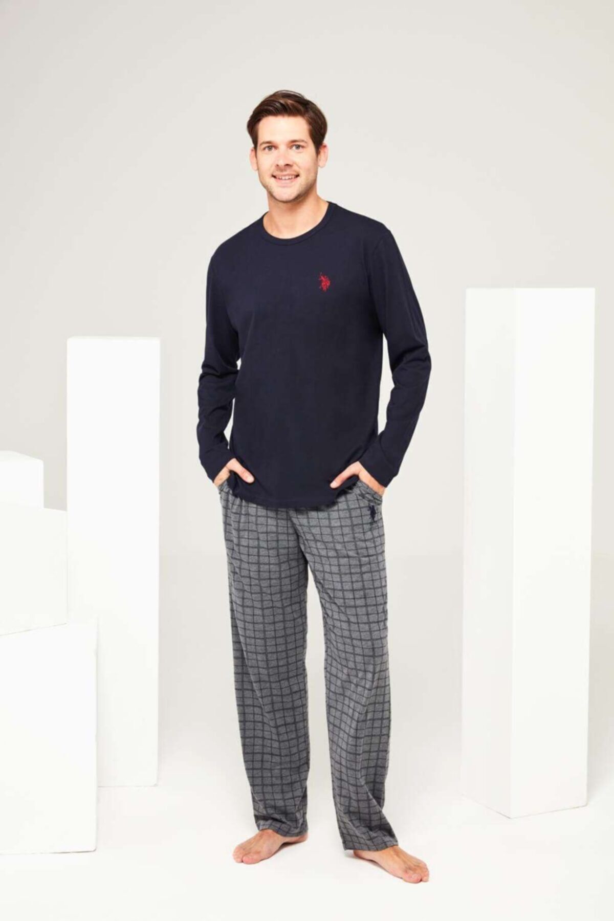 ست پیژامه آبی مردانه لباس خواب یقه گرد سرمه ای U.S. Polo Assn.