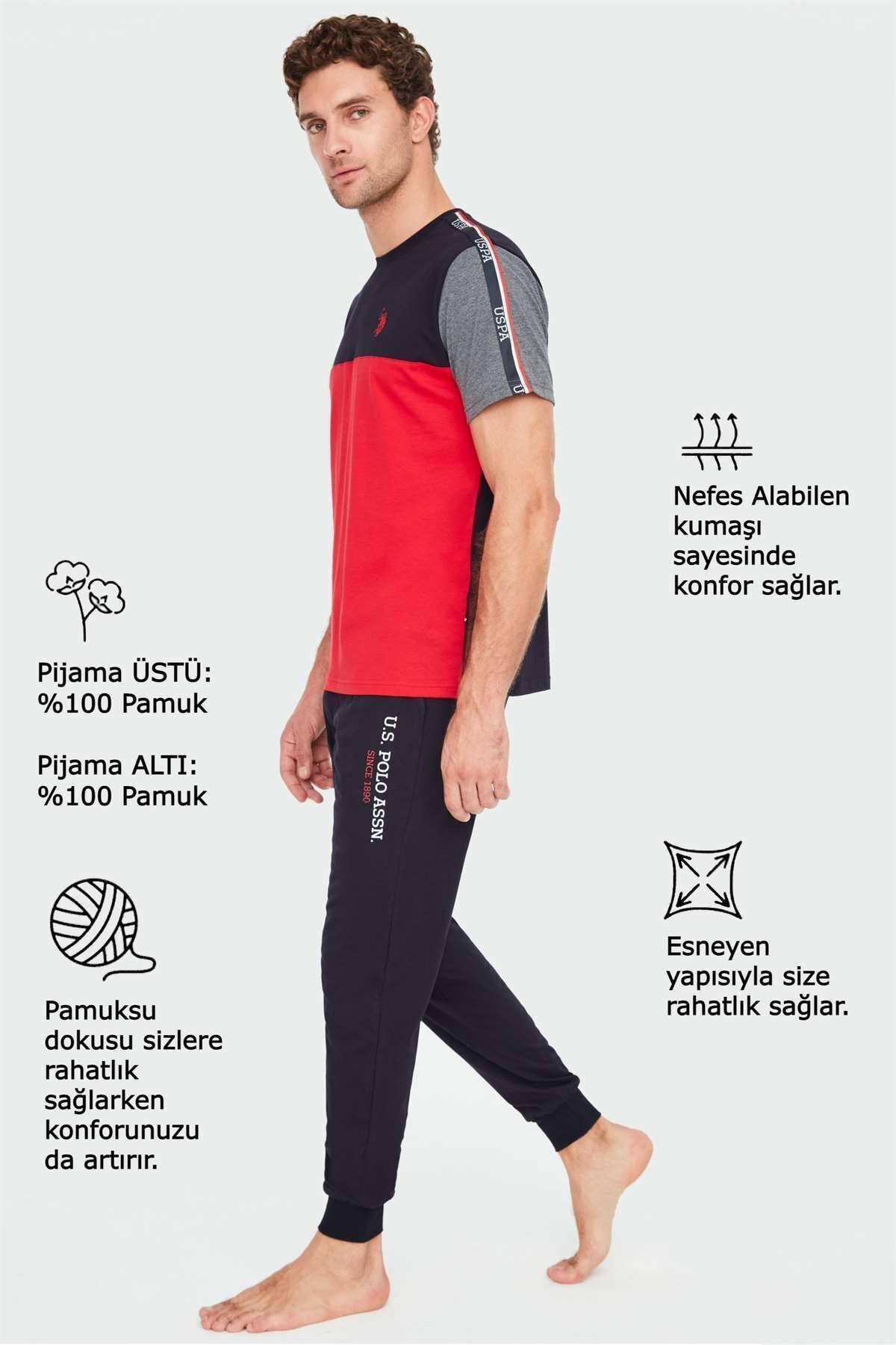 ست پیژامه قرمز مردانه لباس خواب یقه گرد U.S. Polo Assn.