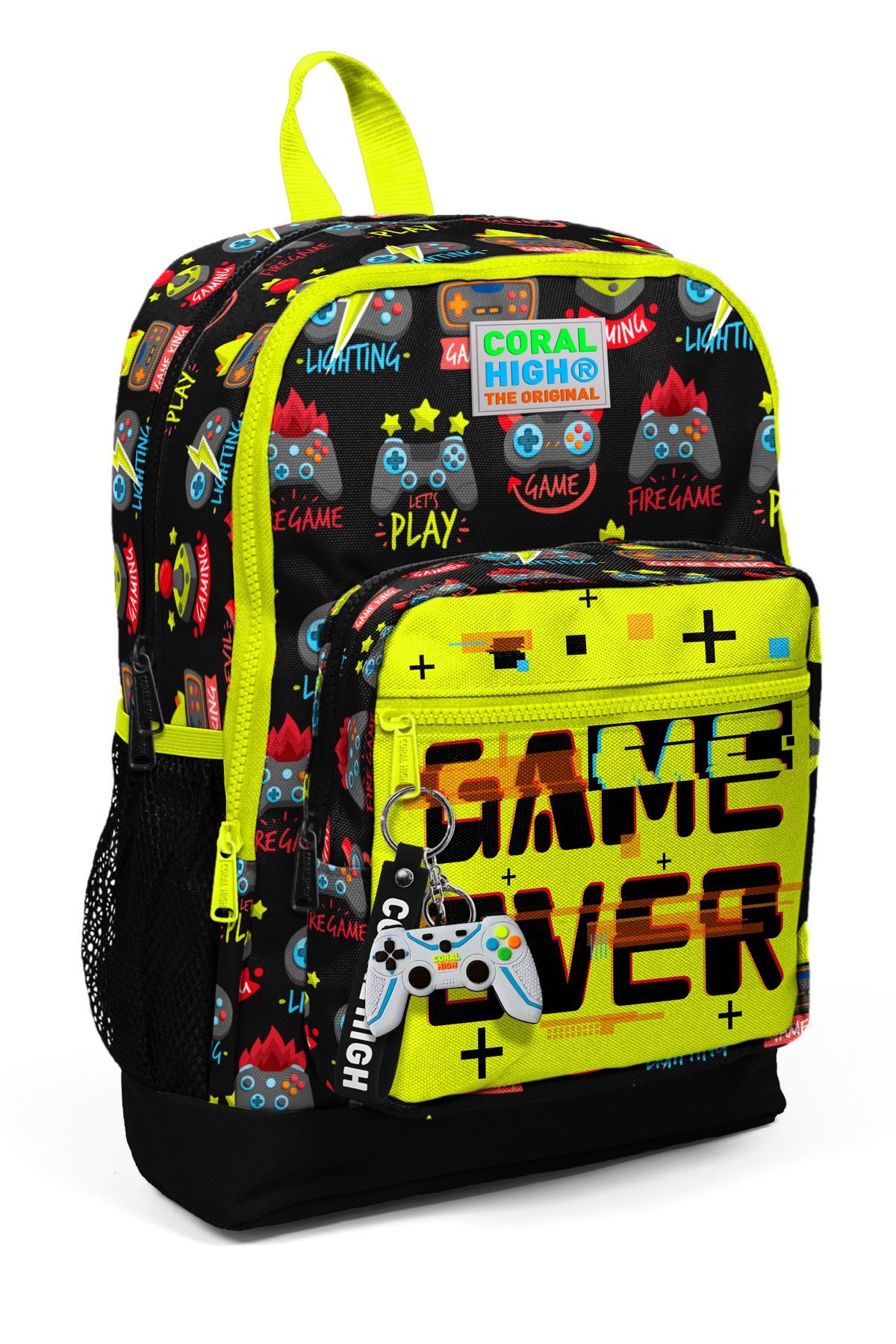 Kids Black Neon Yellow Game Over Pattern Four Compartment School Backpack 23728