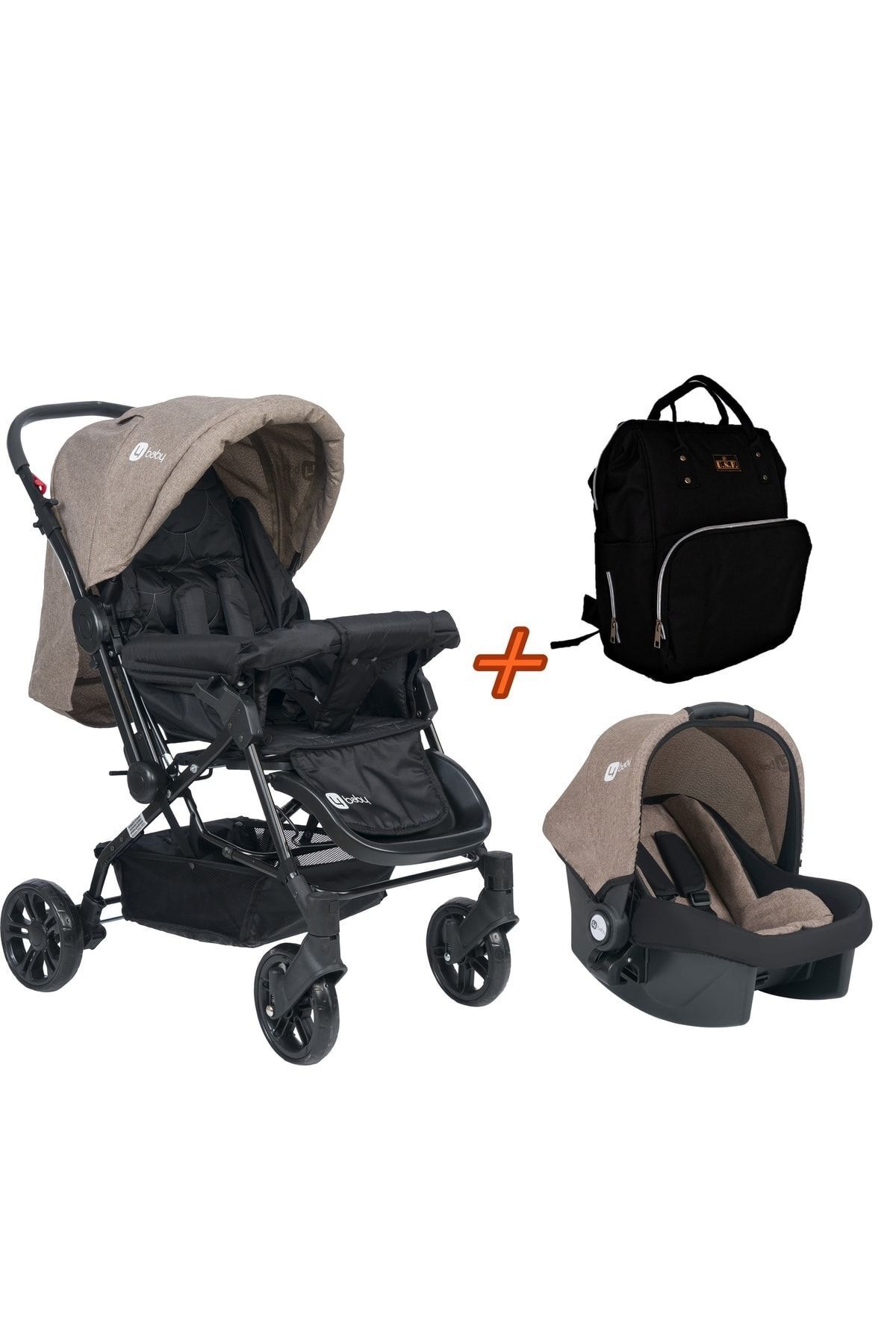 Двусторонняя детская коляска USF Travel System 4 Baby - Детская коляска коричневая + коляска + черная сумка 3353-4BABYOLYMPIC-22