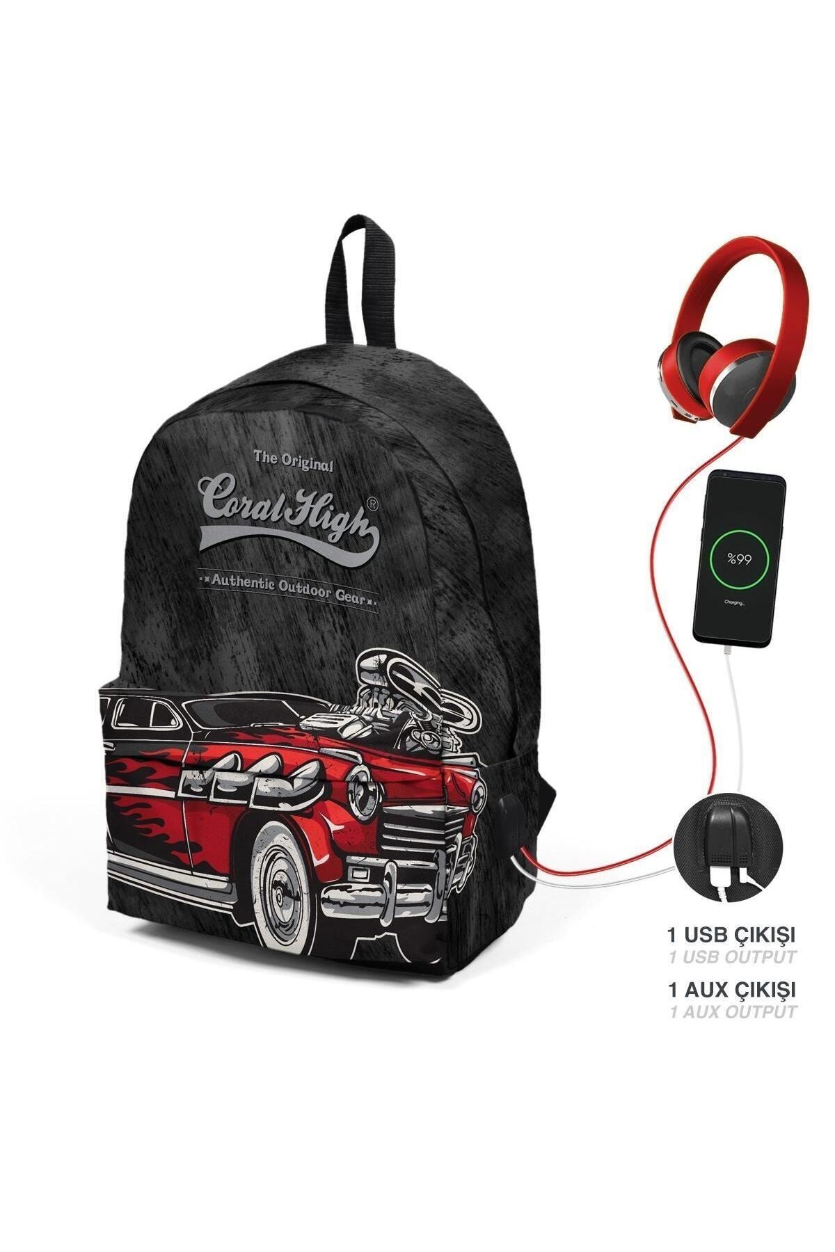 Black Dark Gray Car Pattern Two Compartment Usb Backpack 23436