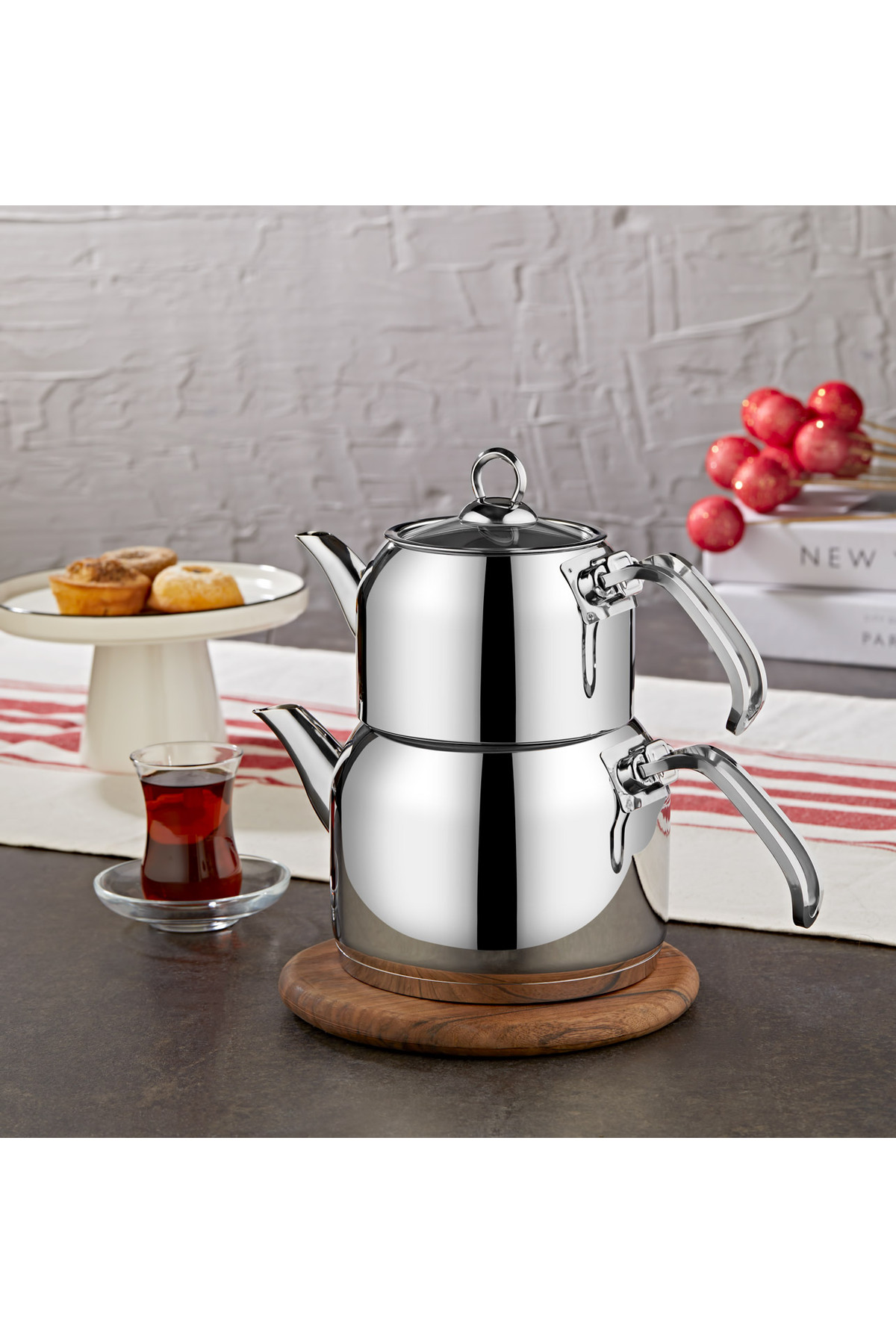 8090- ( XL ) - 4-Piece, Stainless Steel, Induction Compatible Teapot Set, Silver Body, Silver Detail
