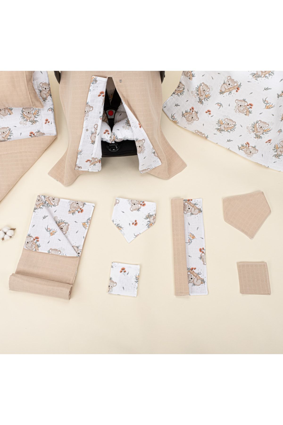 Yunikobaby Müslin 11 Parça Set - Kumsal Beji Müslin - Koala Emzirme Önlüğü,puset Seti,alt Açma Matı,müslin Örtü fotoğrafı 5 (önizleme)