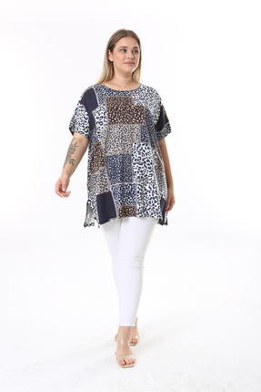 XL Modam KADIN BÜYÜK BEDEN LACİVERT ÇOK RENKLİ YANI YIRTMAÇLI TUNİK