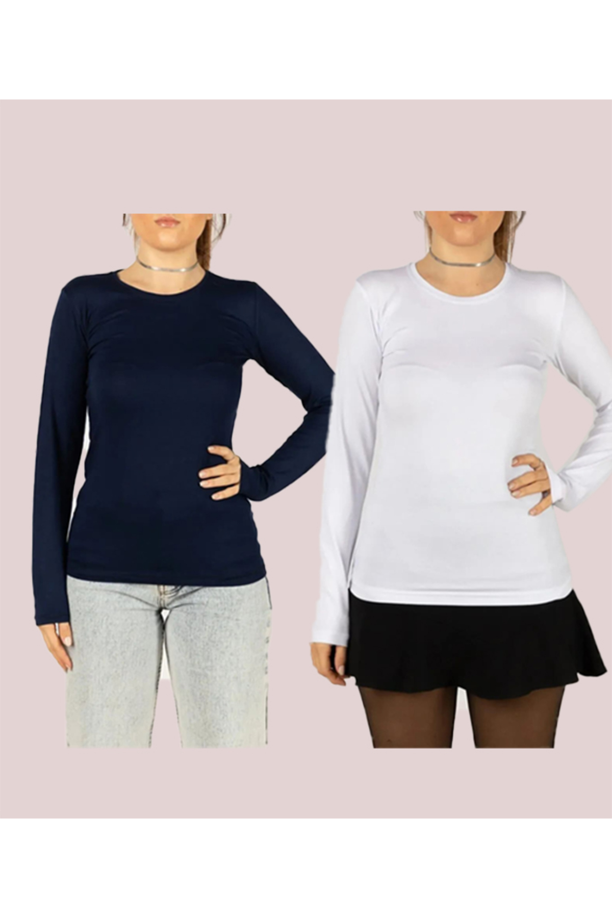 Women's Long Sleeve Lycra Flexible Round Crew Neck 2pcs Bodysuit (2pcs)