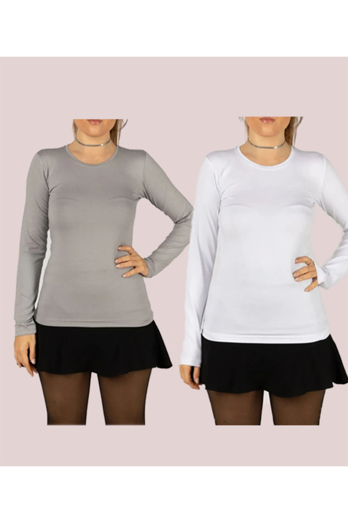 Women's Long Sleeve Lycra Flexible Round Crew Neck 2pcs Bodysuit (2pcs)