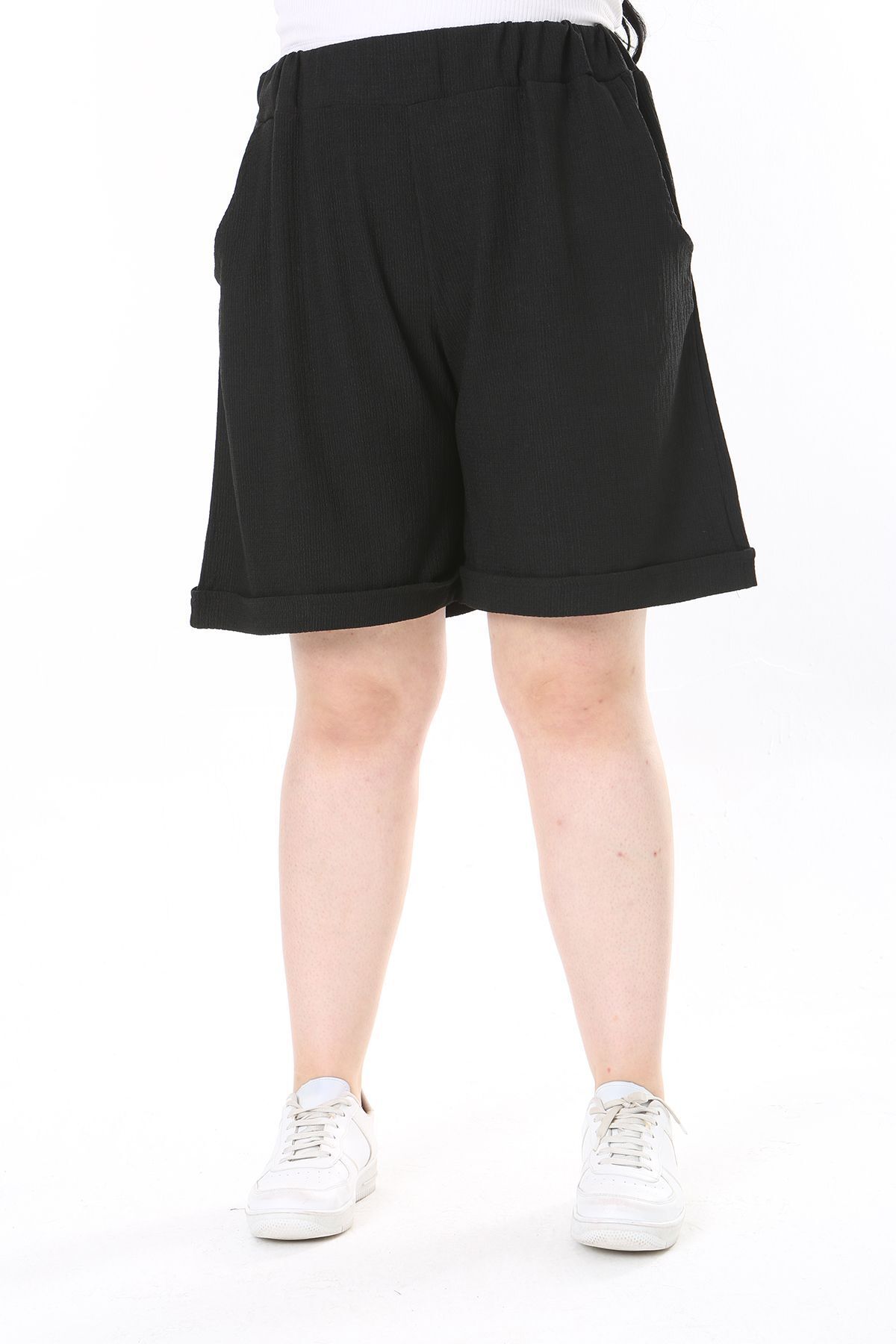 Şans-Large Size Black Wrap Shorts with Side Pockets - Elastic Waist 65N37979 5