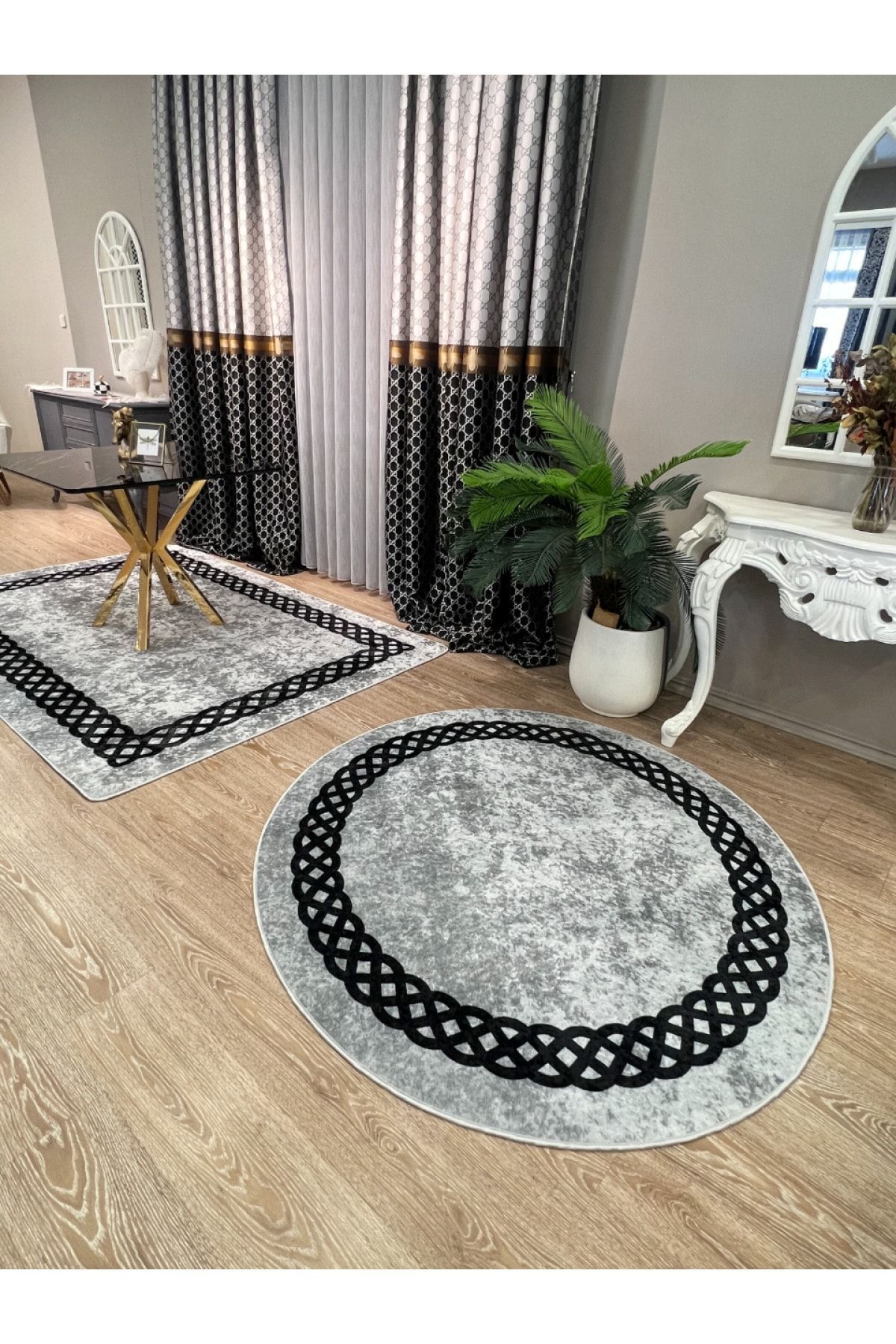Resim Brillant Zincir Desenli Yuvarlak Gri - Siyah Dekoratif Halı 