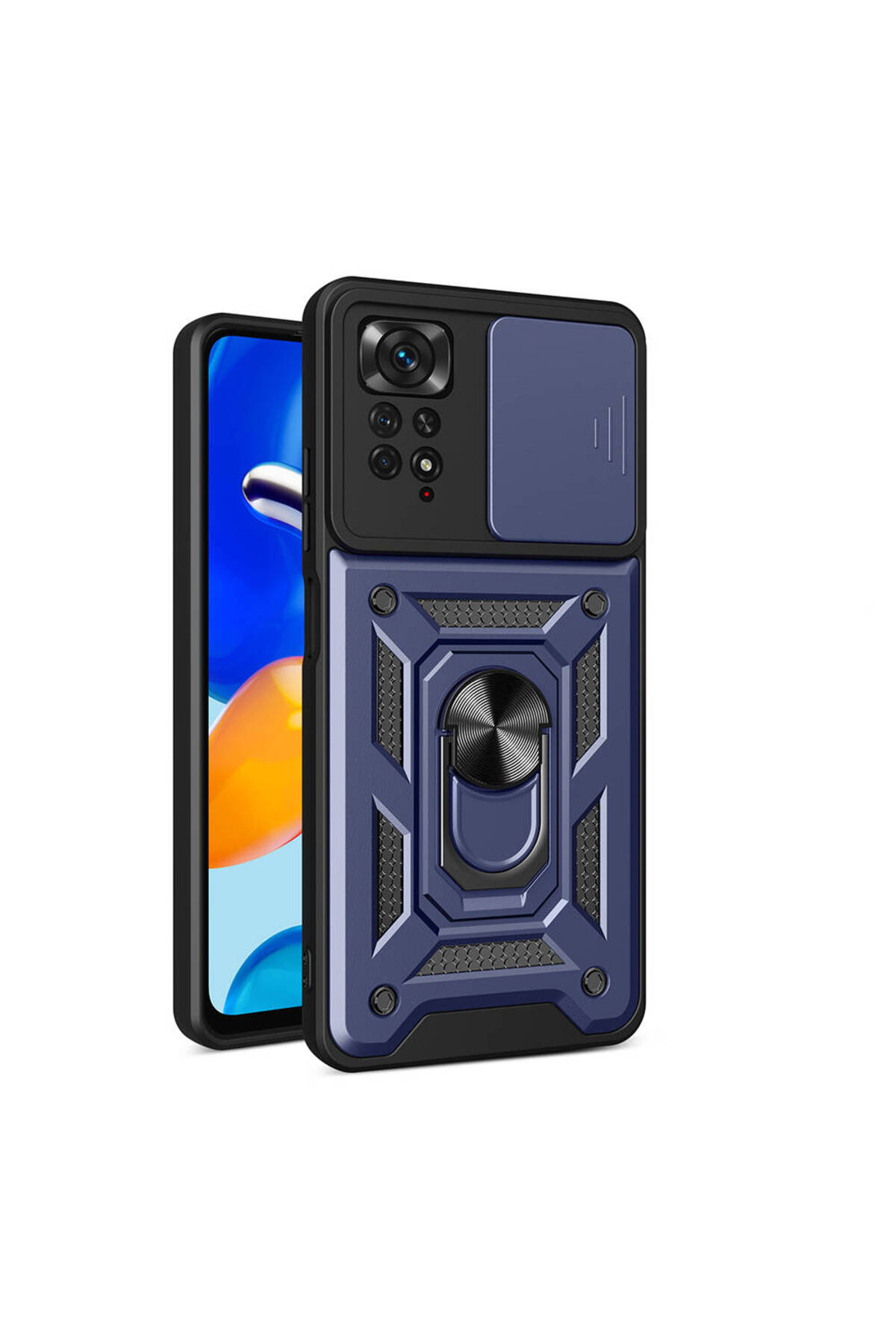 Xiaomi Redmi Note 12 Pro 4G Lens Sürgülü Kamera Korumalı Yüzüklü Stantlı Tank Kılıf - Lacivert