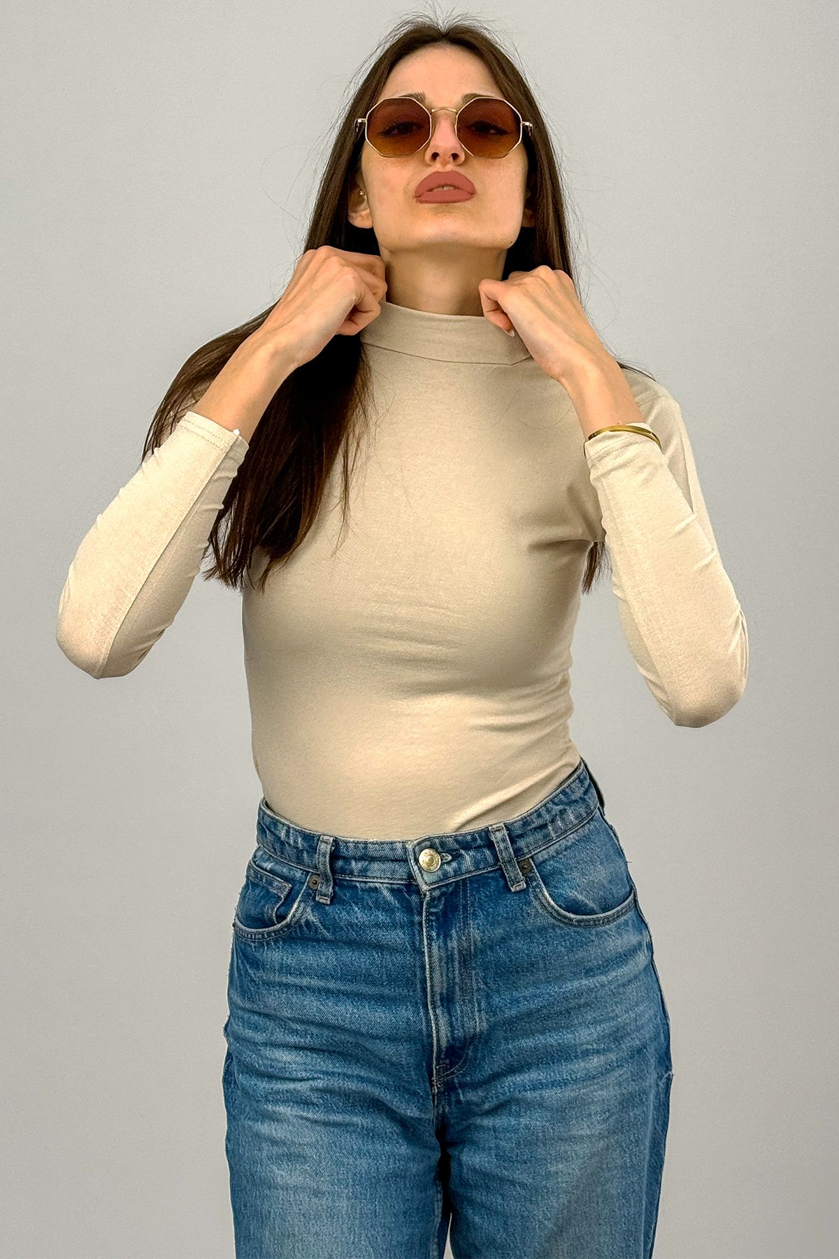 Betimoda-Women's Long Sleeve Half Turtleneck Bodysuit Light Beige 1 Piece 4
