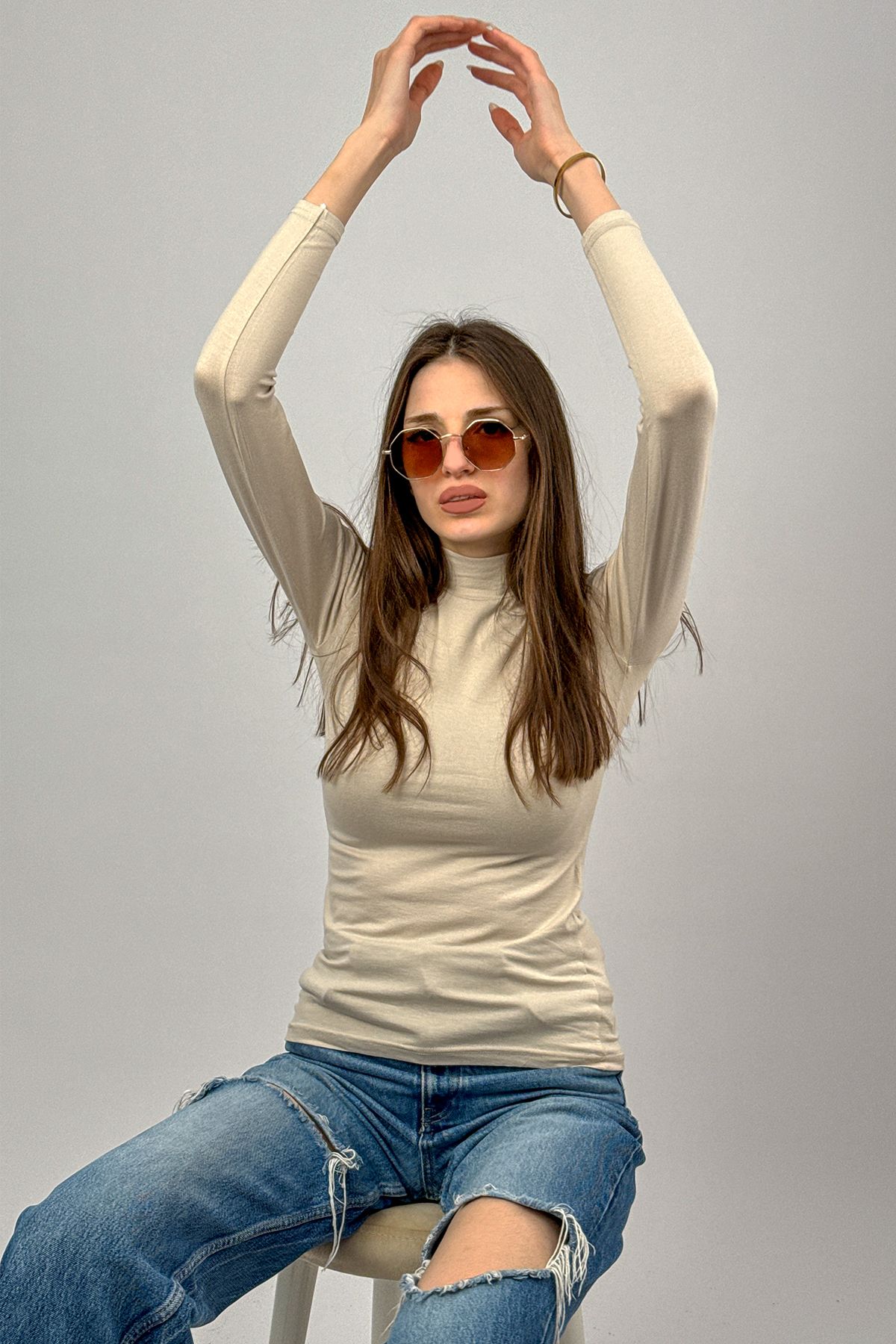 Betimoda-Women's Long Sleeve Half Turtleneck Bodysuit Light Beige 1 Piece 7