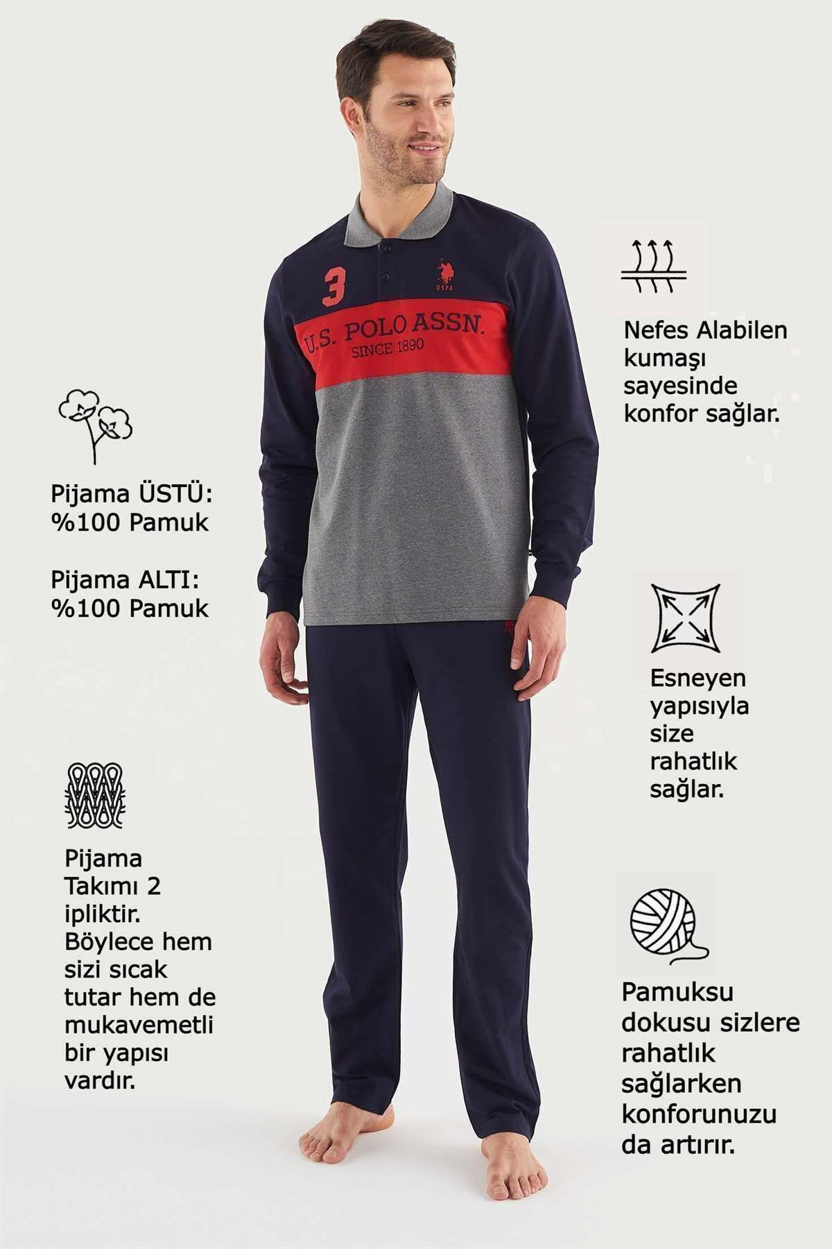 ست پیژامه آبی مردانه لباس خواب سرمه ای U.S. Polo Assn.