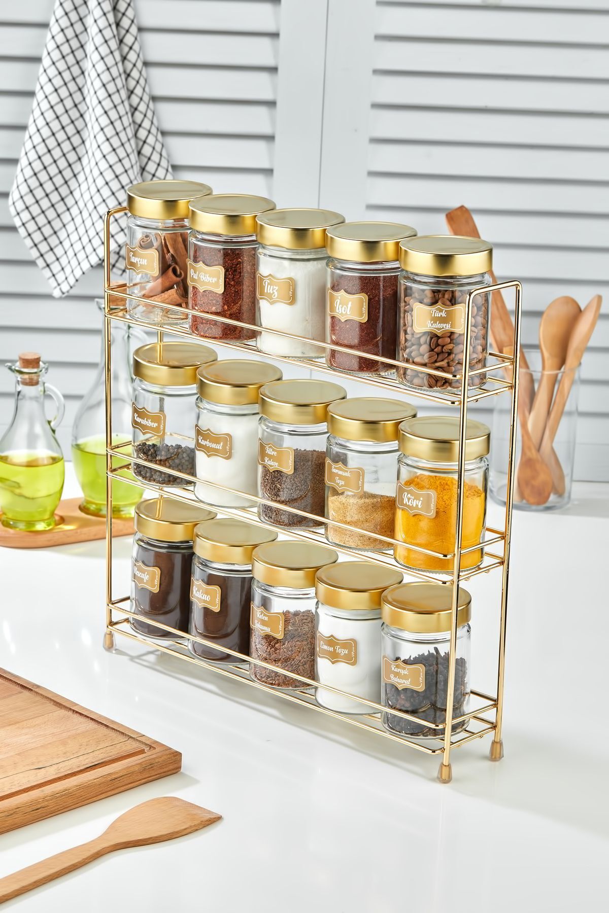 vipgross-15-Piece Round Glass Jar Set with 3-Layer Metal Stand, 3-Layer 15-Piece Spice Jar Set 8