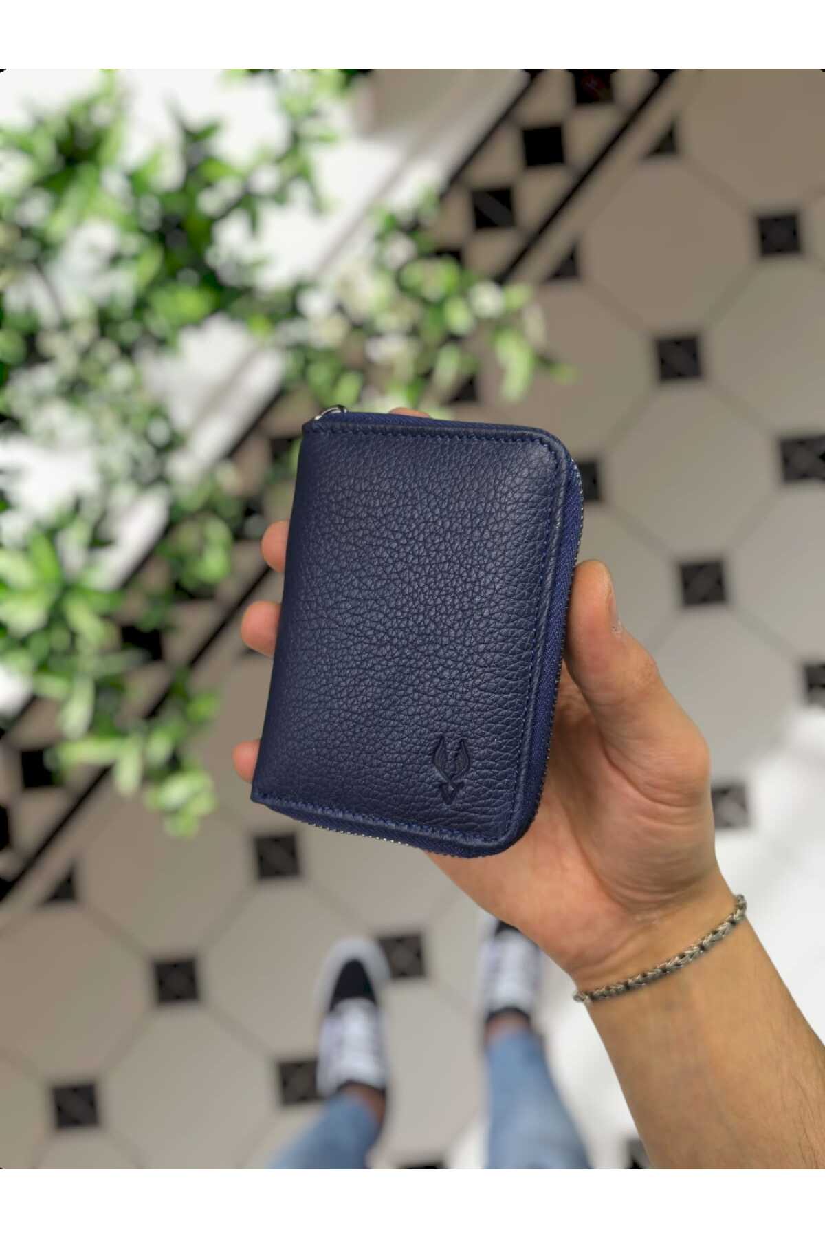 661 Genuine Leather Zippered Accordion Card Holder Model Women Men Use Leather Bag NAVY BLUE GUTTY
