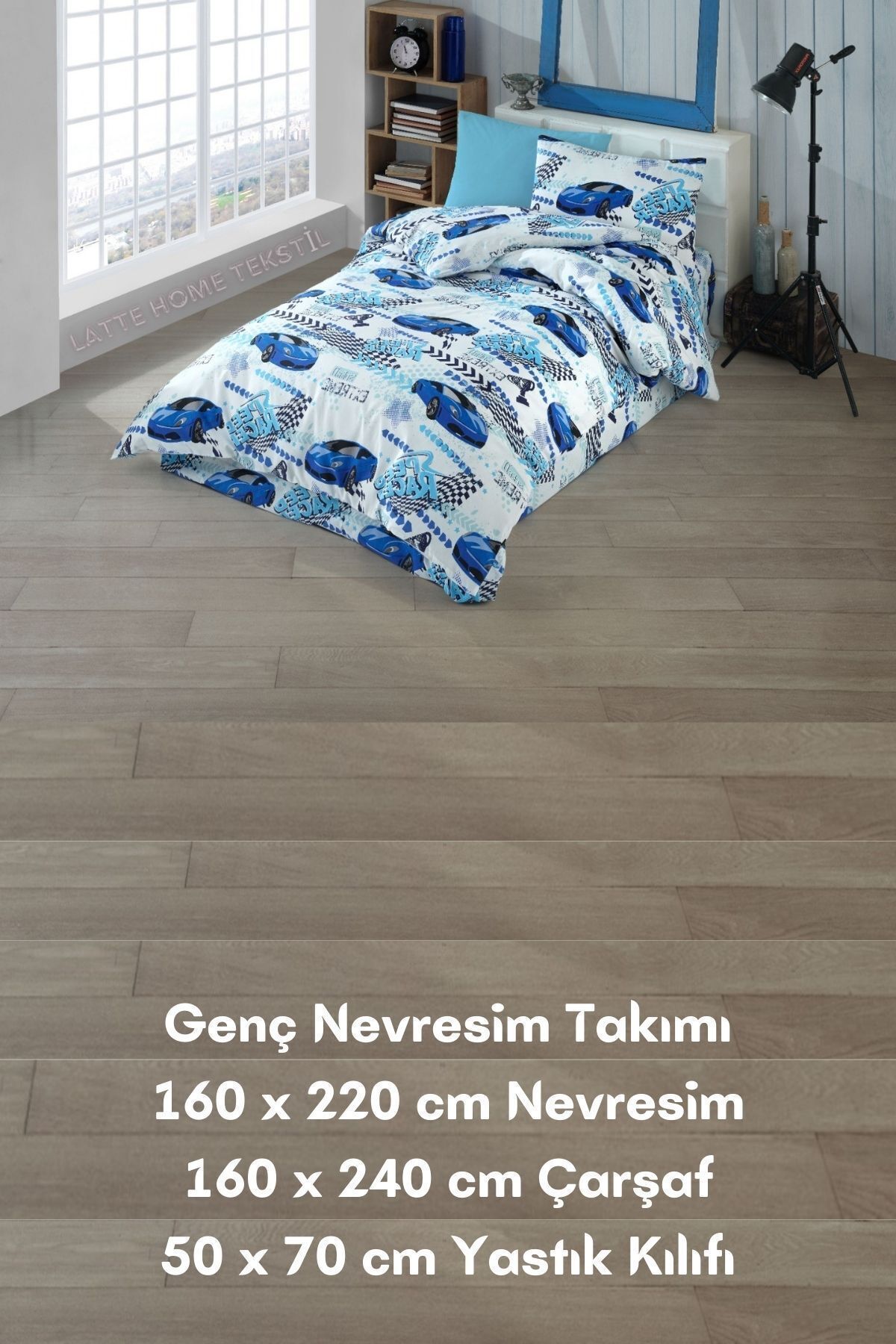 Mavi Araba Desenli, Çocuk / Genç  Pamuklu Ranforce Kumaş Nevresim Takımı