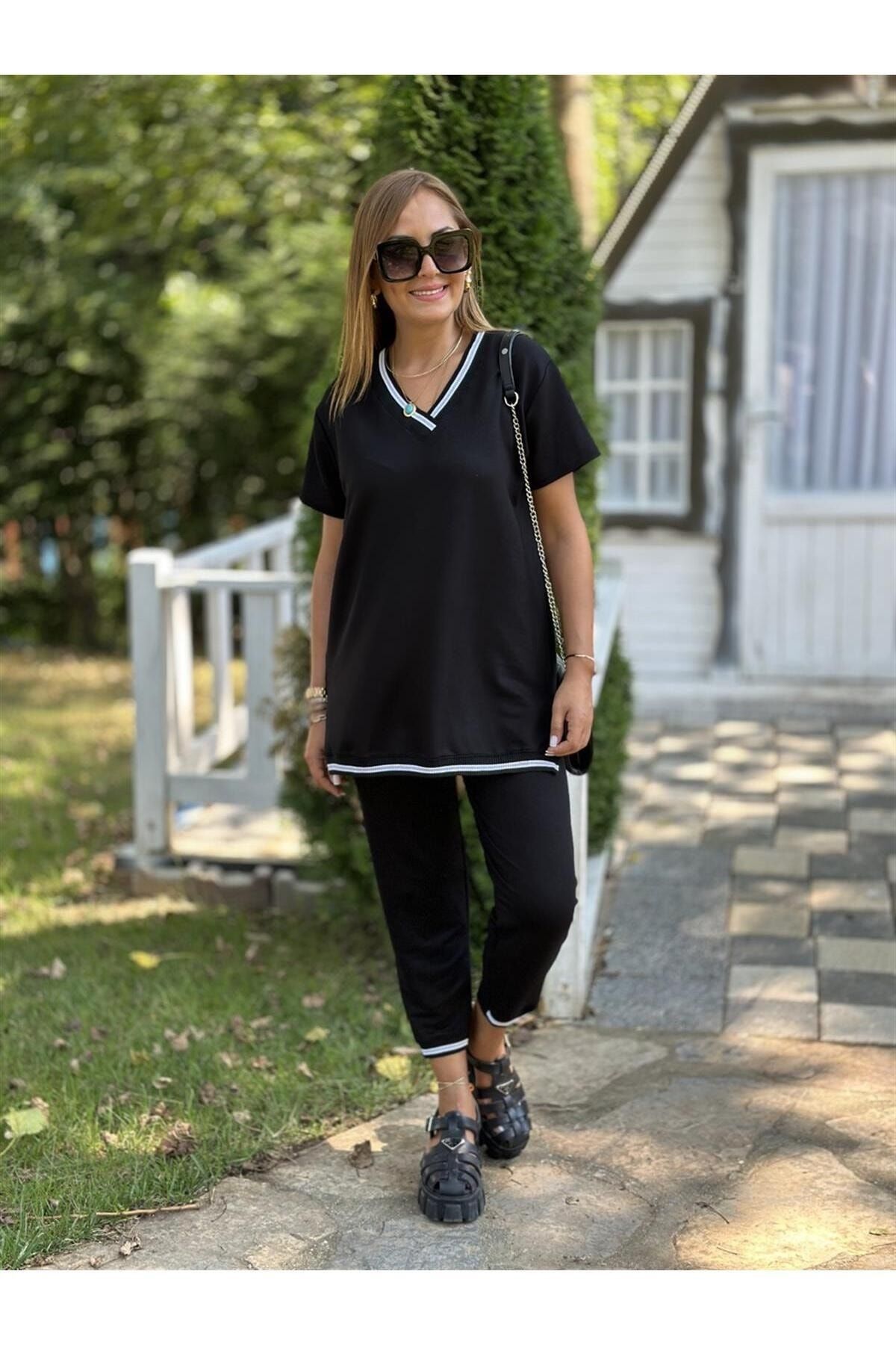 BUKETLİ-Women's Ribbed Detail V-Neck Short Sleeve Double Suit 3