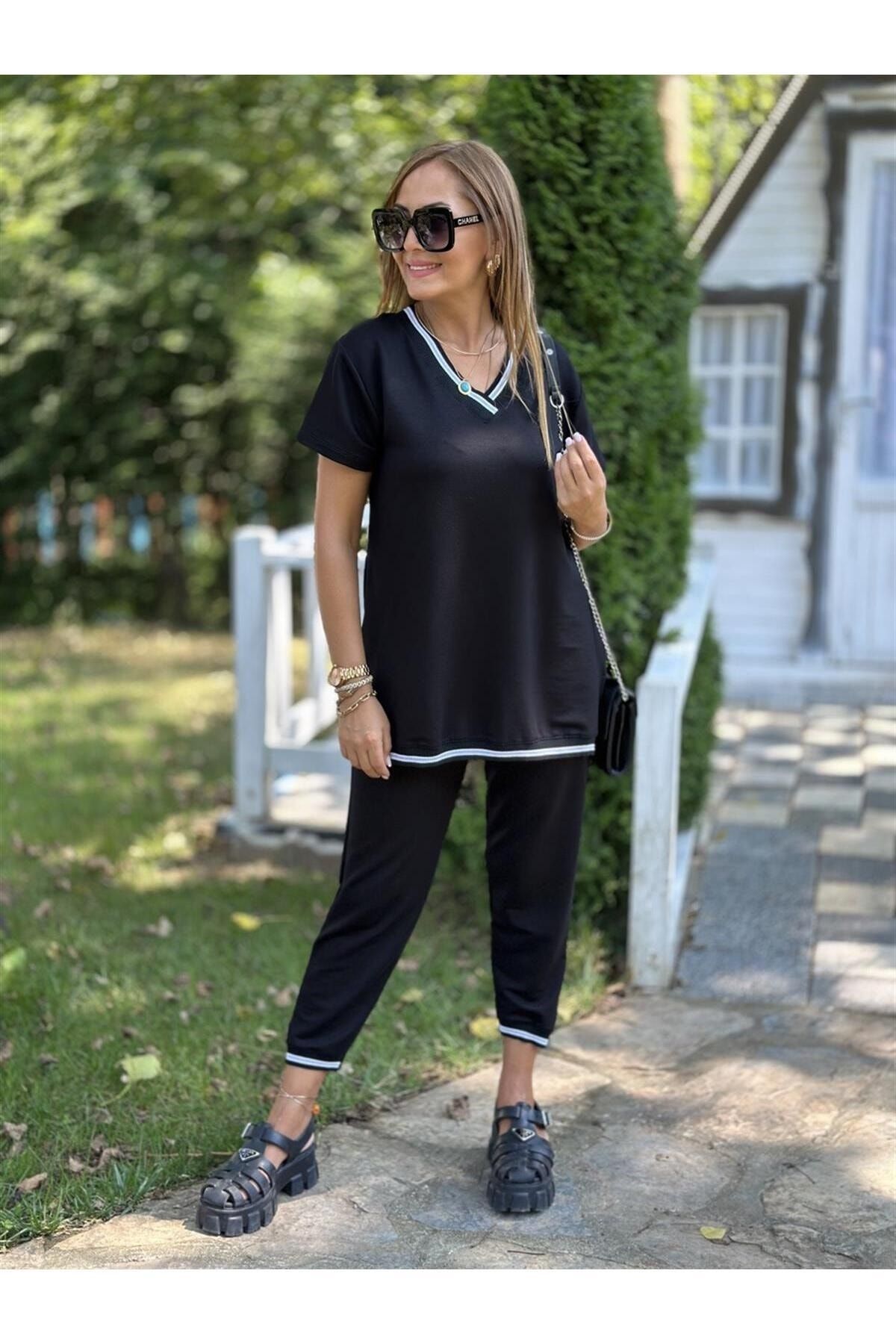 BUKETLİ-Women's Ribbed Detail V-Neck Short Sleeve Double Suit 4