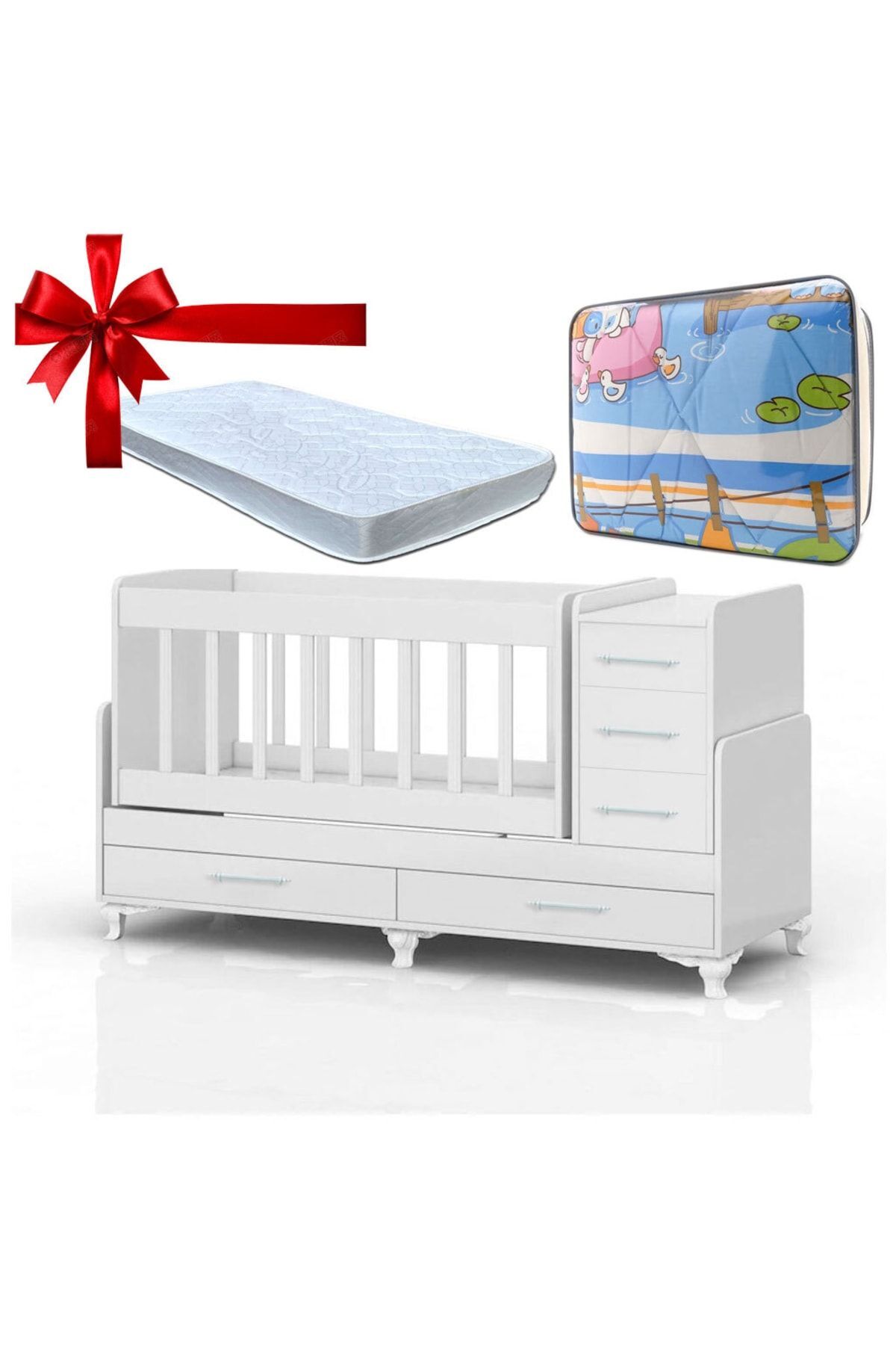 Bygolden 5 Çekmeceli Beyaz Büyüyebilen Sallanır Bebek Beşiği Yatak+mavi Uyku Seti Hediyeli