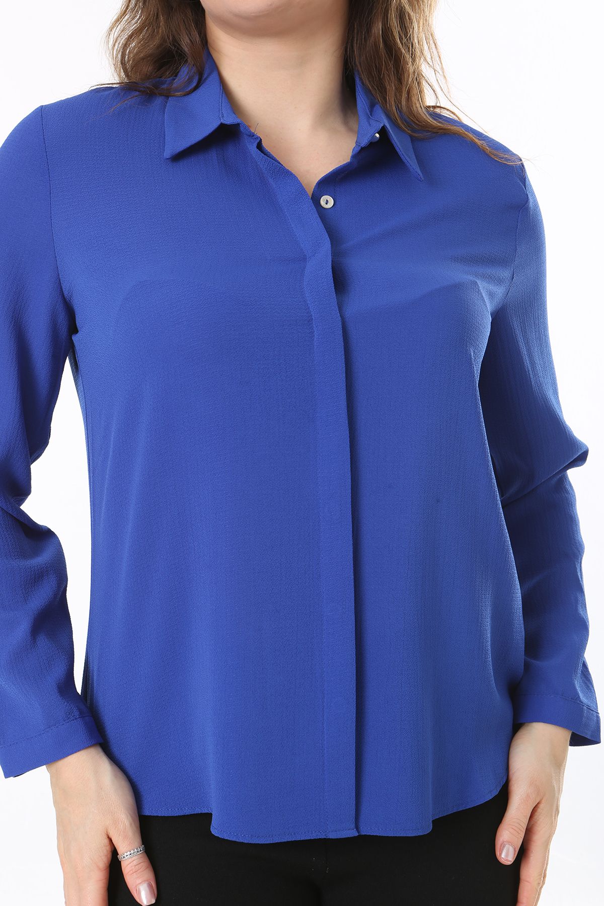 Şans-Plus Size Saks Blouse - Hidden Placket and Front Button Detail 65N38019 4