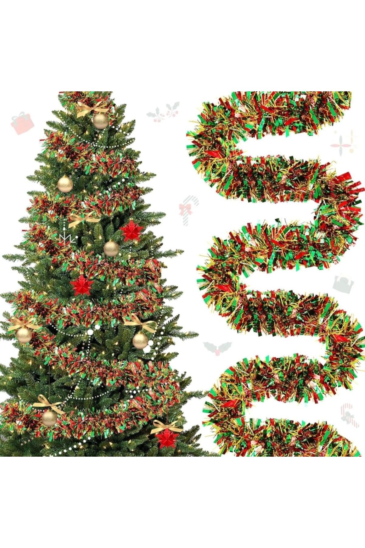 Yenigeldi 1 Adet 1.7m Cicili Bicili Yılbaşı Püskül Metalik Noel Ağacı Parlak Çelenk Süslemeleri (kırmızı Yeşil