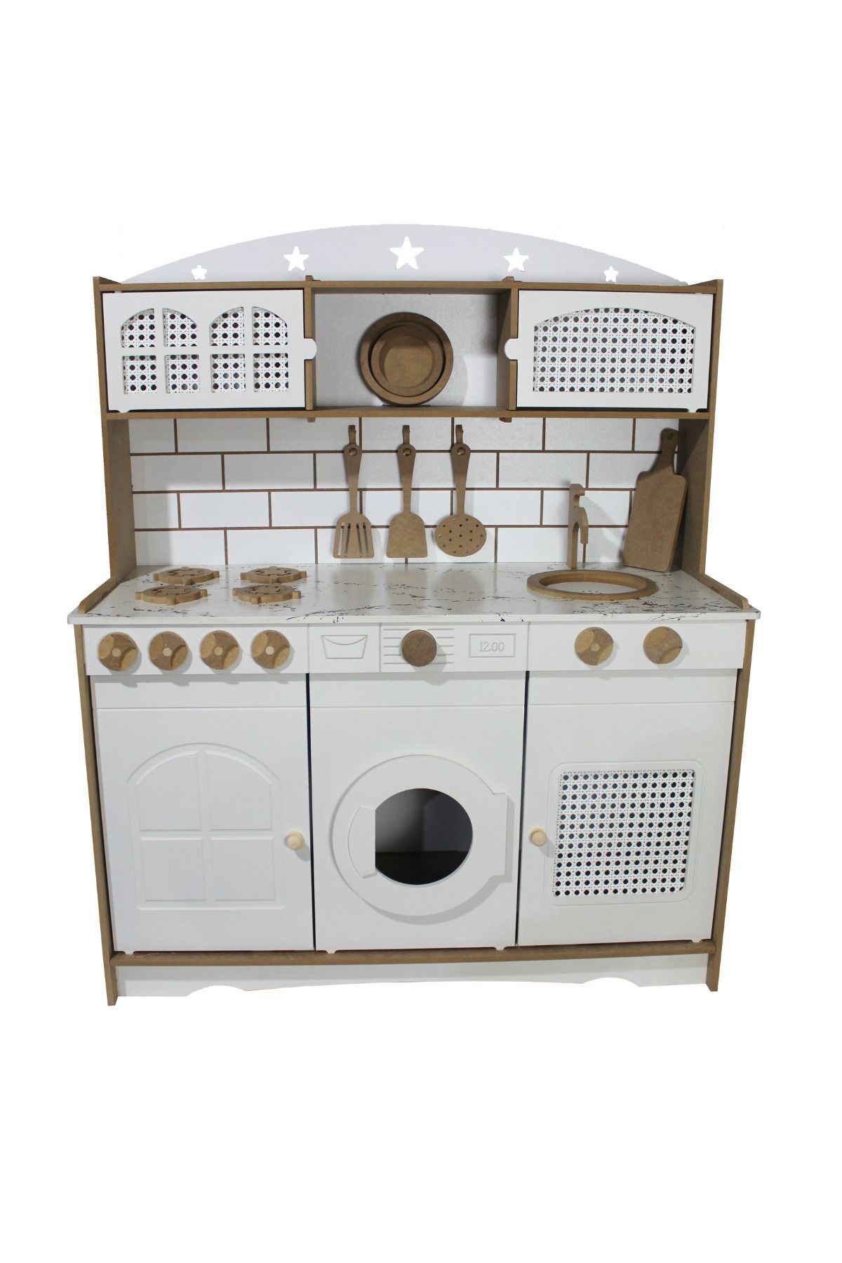 Hedef Beyaz Tezgahlı Ham Ahşap Oyuncak Mutfak Hazeranlı Servis