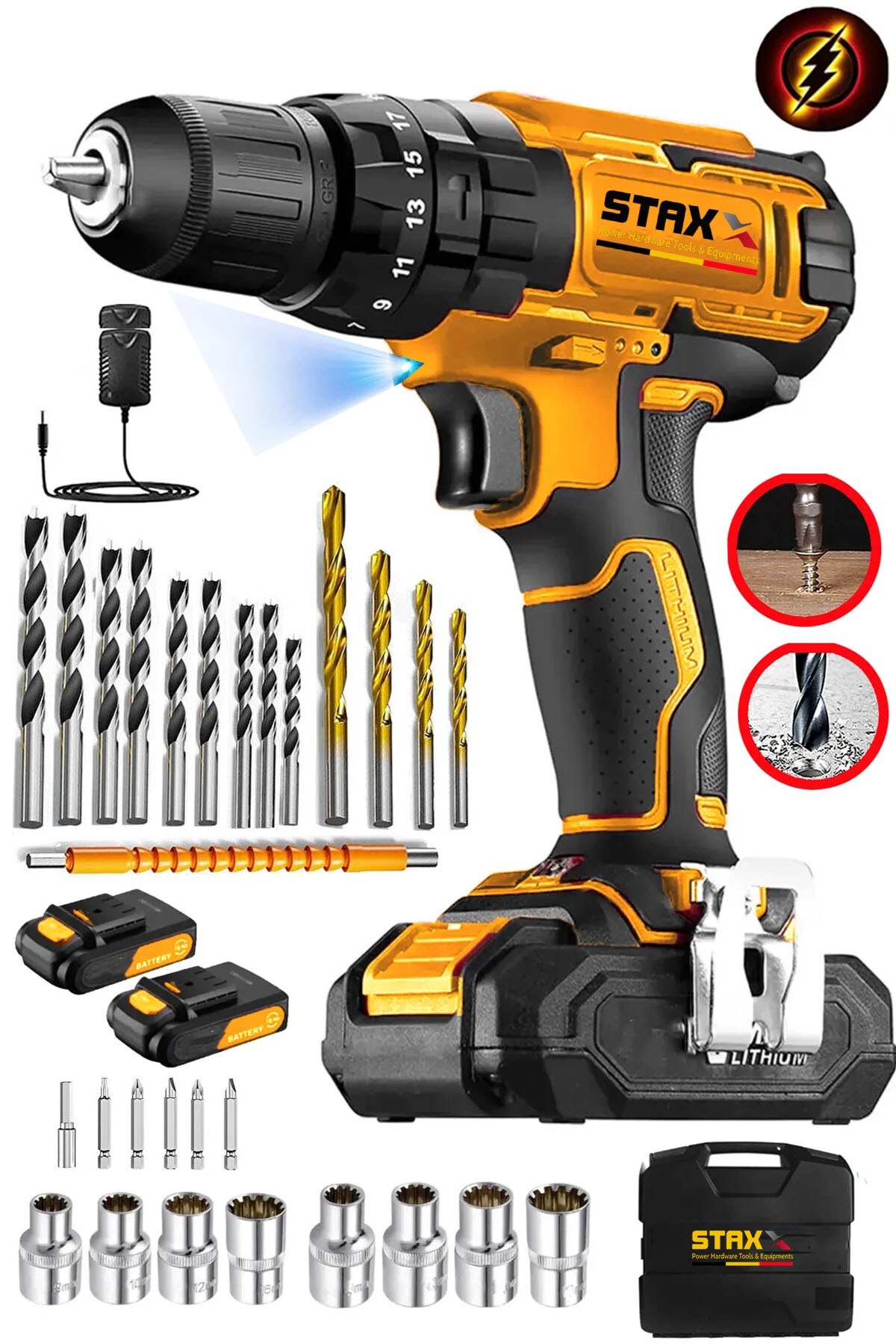 STAXX POWER Germany 21500W 25Tork Çelik Şanzuman Bakır Sargılı Çift Akülü Şarjlı Matkap Vidalama 27 Parça Setli
