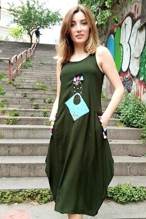 Kadın Yeşil Askılı Önü El Nakışlı Cepli Uzun Dokuma Elbise EUAWOEN1