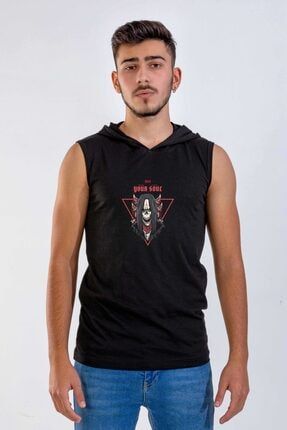 Unisex Siyah Kapüşonlu Kolsuz T-shirt Dijital Baskılı RFKKTS010