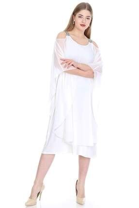 Kadın Beyaz Omuzları Taşlı Askılı Şifon Elbise KL805 T106064
