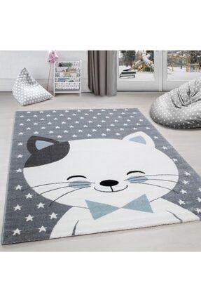 Çocuk Halısı Sevimli Kedi Ve Yıldız Desenli Gri-mavi-beyaz A_KIDS0550BLUE