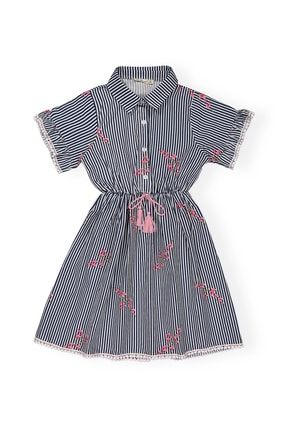 Babystoq Çizgili Ve Çiçek Desenli Lacivert Renk Yazlık Kız Model Elbise 211131