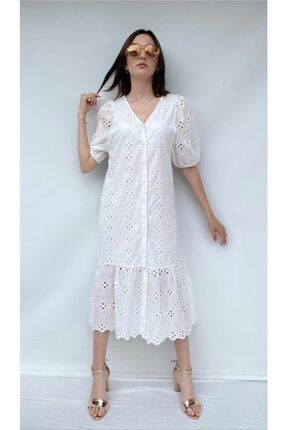 Kadın V Yaka Beyaz Fisto Elbise P607S7115