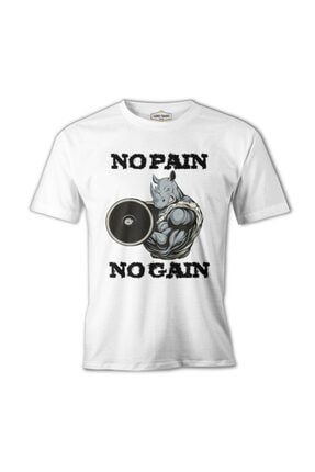 No Pain No Gain Hippo - Body Building Beyaz Erkek Tshirt MB-1204