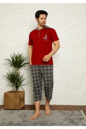 Kısa Kol Tişörtlü Cepli Ekose Bermuda Şortlu Erkek Pijama Takımı BGAL1153