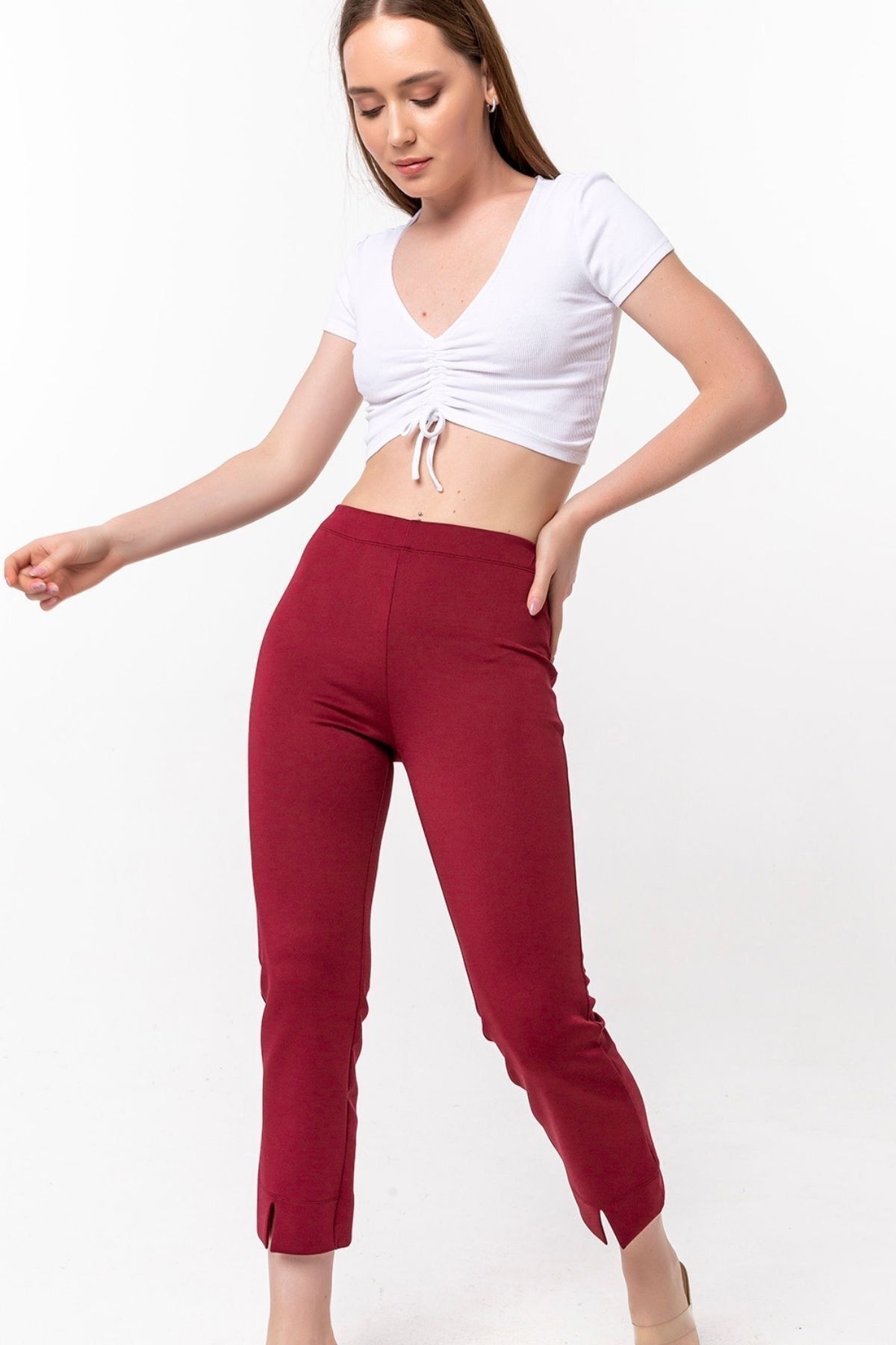 Laranor-Women's Burgundy Cigarette Trousers with Slit Detail in Cuffs 19L6630 2