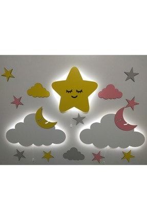 Işıklı Sevimli Yıldız Bulut 2 Li Isimli Ahşap Gece Lambası Ledli Dekoratif Aydınlatma Çocuk Odası fbrkahsp0454