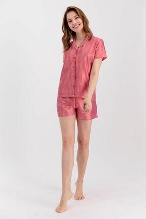 1417 Kadın Gömlek Şort Pijama Takım Kırmızı AR-1417-CAG