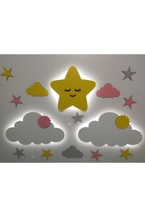 Işıklı Sevimli Yıldız Bulut 2 Li Isimli Ahşap Gece Lambası Ledli Dekoratif Aydınlatma Çocuk Odası fbrkahsp0455