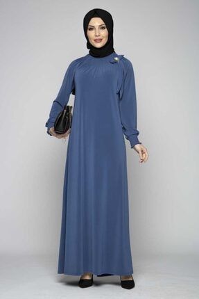 Kadın Yakası Ve Kolları Büzgüllü Tesettür Ferace Elbise Ecm4850 Indigo ECM4850