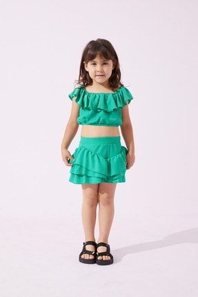 Kız Çocuk Yeşil Ariel Şort Etek Crop Takım LS2237